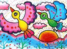 儿童画鸟儿，油画棒作品飞翔的鸟儿
