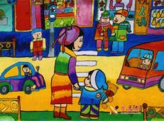 儿童油画棒作品欣赏《热闹的街道》
