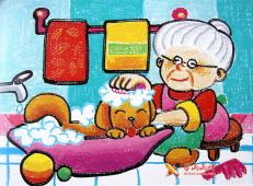 儿童油画棒，奶奶给狗狗洗澡