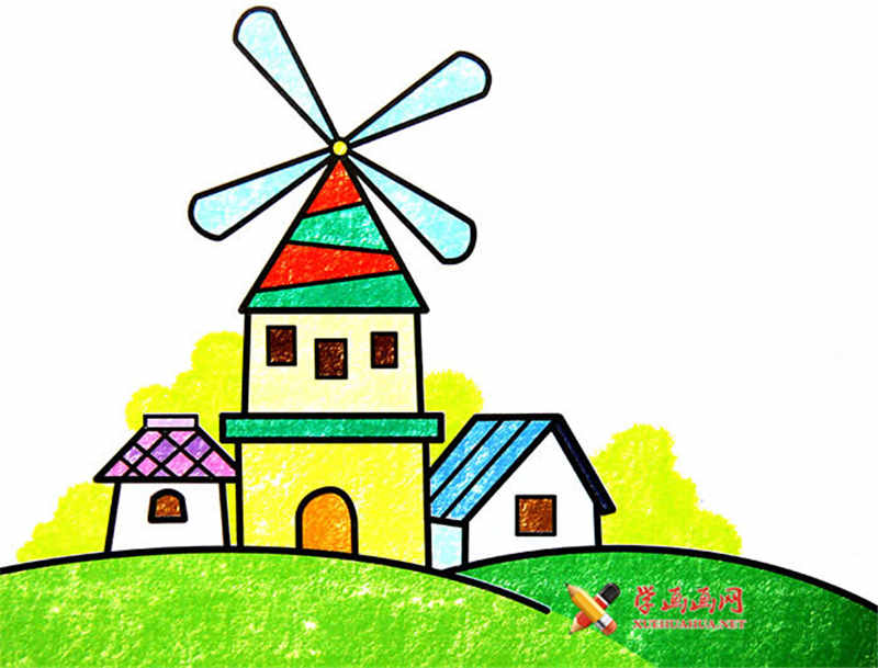 儿童油画棒,房子上的大风车