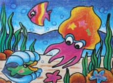 儿童画海底的大章鱼，儿童油画棒作品章鱼