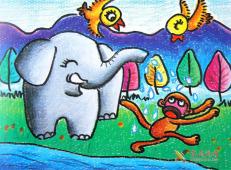 儿童油画棒小象和小猴子