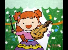 儿童油画棒作品，拉小提琴的小女孩
