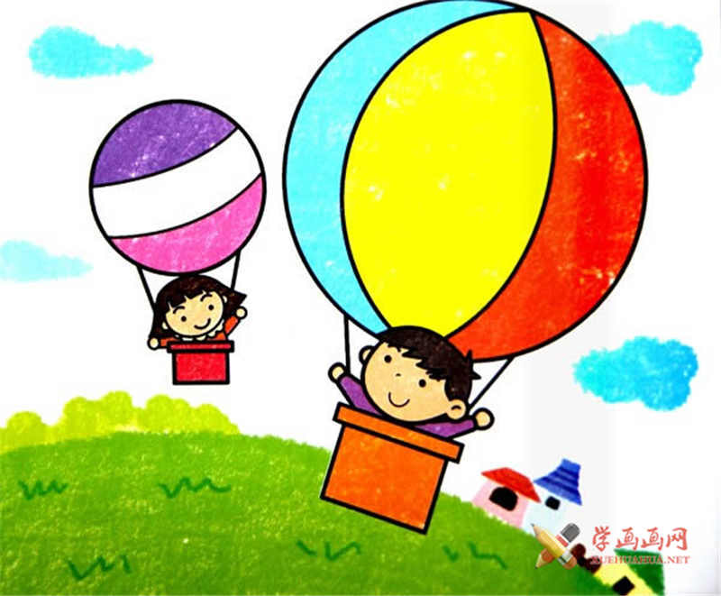 儿童画热气球，油画棒小朋友坐热气球