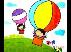 儿童画热气球，油画棒小朋友坐热气球