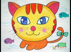 儿童画小花猫，动物类油画棒作品