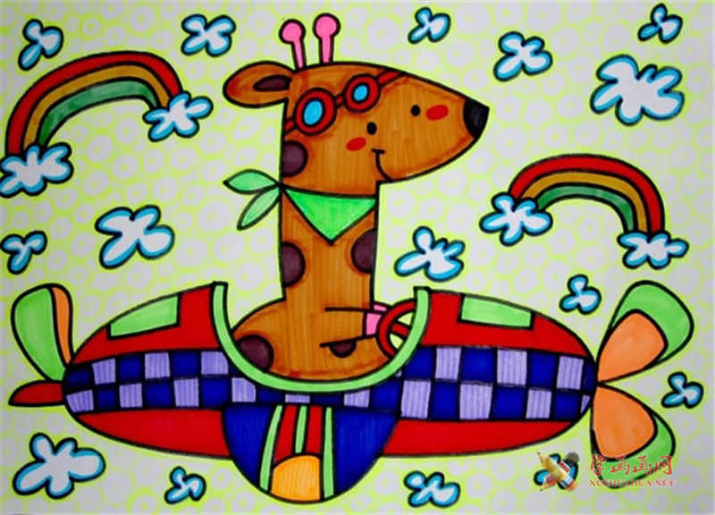 儿童画长颈鹿开汽车,长颈鹿油画棒作品
