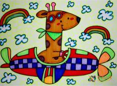 儿童画长颈鹿开汽车，长颈鹿油画棒作品