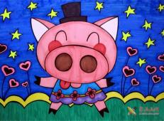 儿童画可爱的小猪，小猪油画棒作品