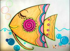 儿童画花热带鱼，热带鱼油画棒作品