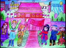 儿童画欢迎国庆，国庆的油画棒作品