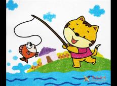 儿童画小猫钓鱼，儿童油画棒小猫