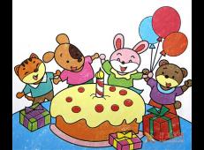 儿童画小兔子过生日，油画棒小动物