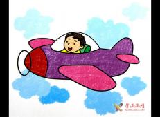 儿童画飞机飞上天，小朋友开飞机油画棒作品