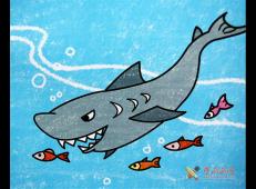 儿童画大鲨鱼，鲨鱼油画棒作品