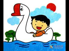 儿童画漂亮的大鹅船，鹅船油画棒作品