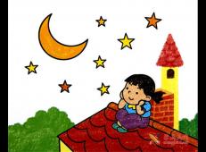 儿童画星空下的小女孩，屋顶上的小女孩油画棒作品