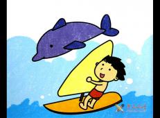 儿童画海上冲浪，冲浪油画棒作品