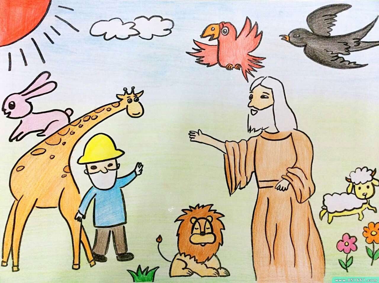 儿童蜡笔画《耶稣和动物》