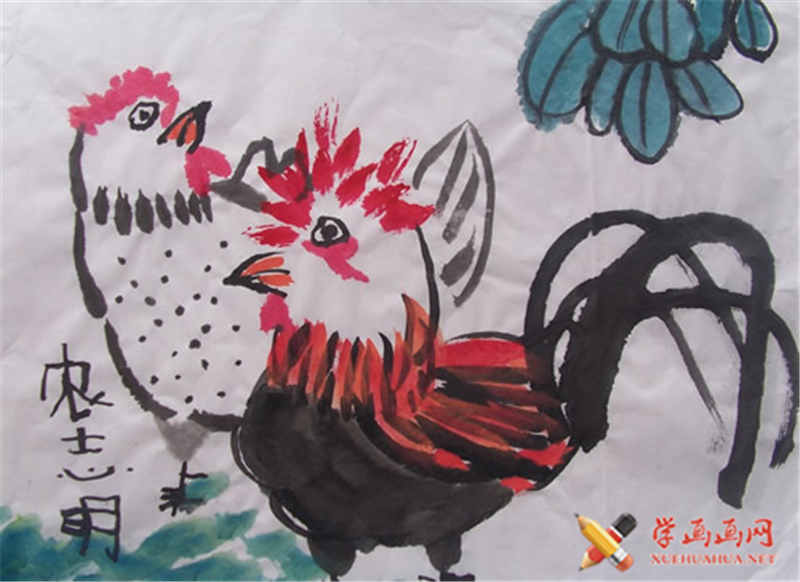 儿童水墨画欣赏公鸡和母鸡出来觅食