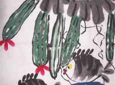 儿童中国画作品《丝瓜与鱼儿》