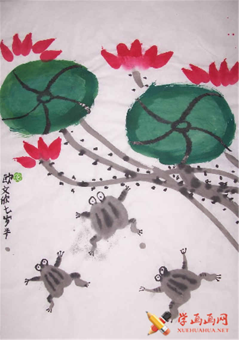 儿童画作品《中国画荷花池》