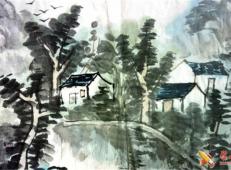 儿童中国画作品，村落小屋