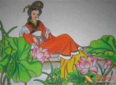 儿童中国画，美女赏荷