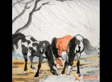 儿童画吃草的马儿，马儿中国画作品
