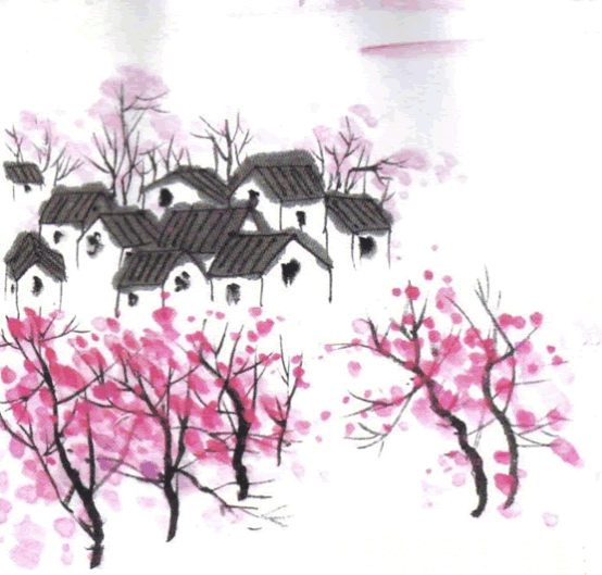 儿童水墨画《房子和桃子》