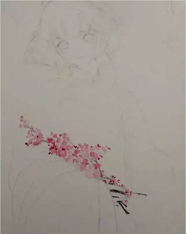 【水彩画】抱海棠花的女孩画法图解教程
