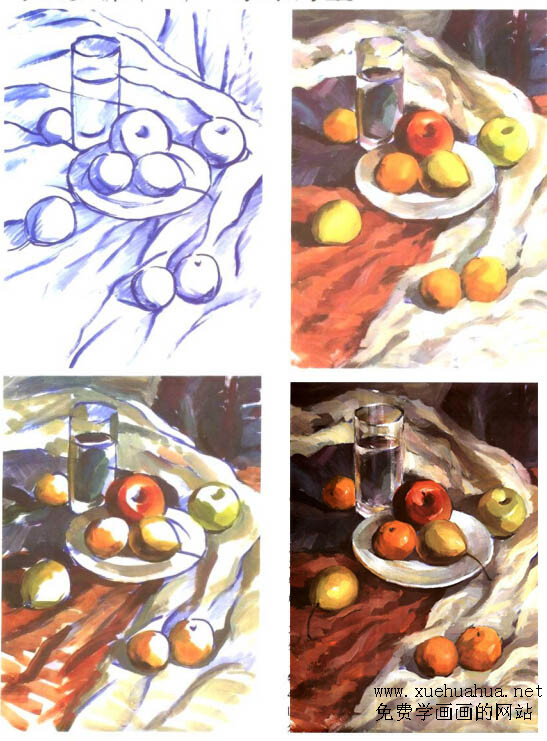水粉入门教程-静物写生图文步骤(水果、白瓷盘、透明水杯)
