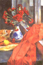 水粉画作品赏析-青花瓷瓶、红色康乃馨
