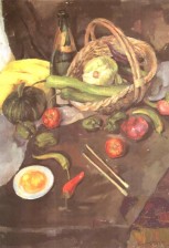 水粉画作品赏析-蔬菜、竹篮、白瓷盘