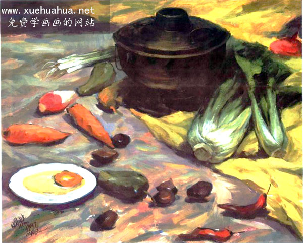 水粉画作品赏析-（蔬菜、水果、火锅、白瓷盘、蛋）组合