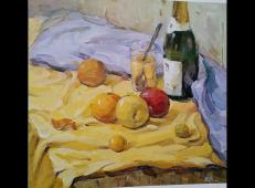 水粉画作品欣赏-（黄衬布、啤酒瓶、水果、玻璃水杯）组合