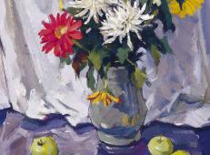 优秀静物水粉画作品：花卉、花瓶、水果、西瓜组合