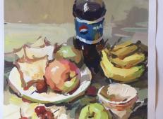 水粉画静物图片：可乐瓶、苹果、面包、香蕉、白瓷盘组合