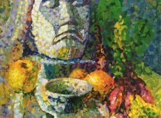 点彩水粉画临摹图片：《贝多芬石膏像、碗、水果组合》