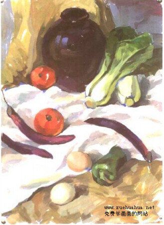 学画画入门-水粉静物教程-陶罐、蔬菜、青椒