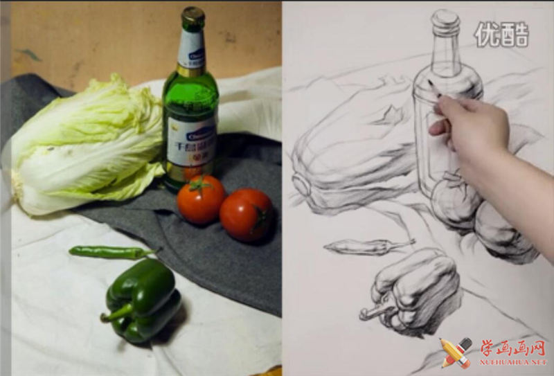 结构步骤素描教程：啤酒瓶、白菜、青椒、番茄的画法
