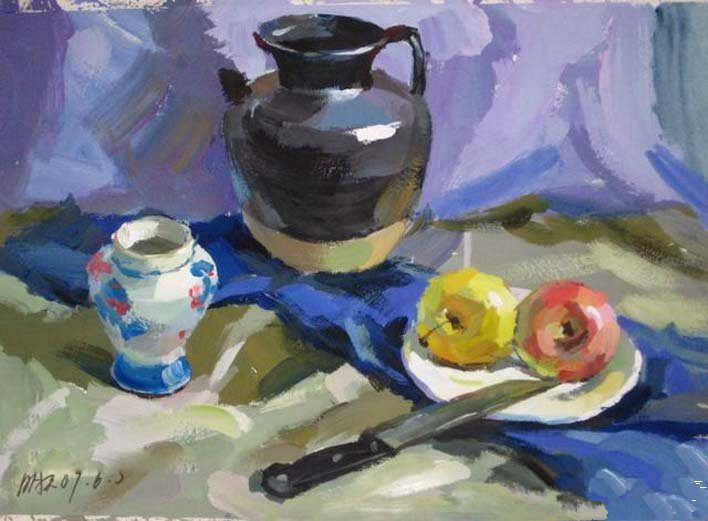 简单静物水粉画步骤图：罐子,盘子,苹果,水果刀静物组合水粉画法