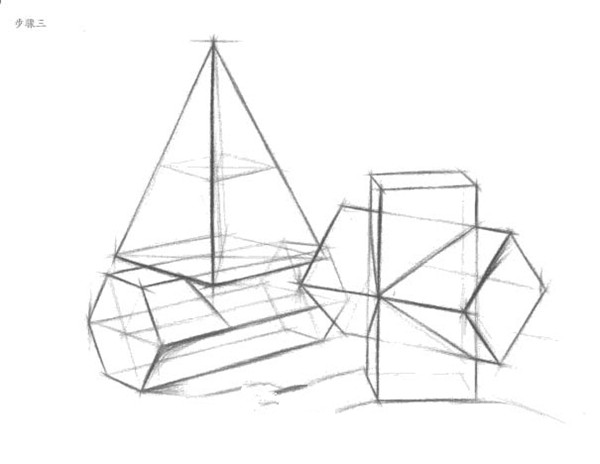 几何体结构素描教程：三棱锥，六面棱体组合写生步骤