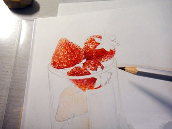 MUJI杯子和彩铅草莓的画法步骤