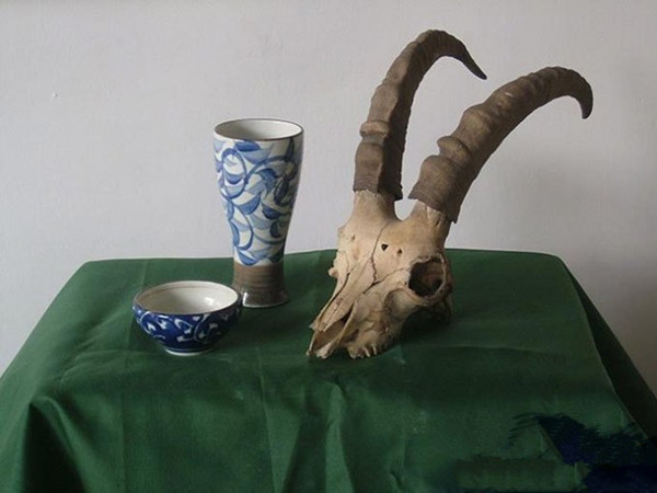 水粉静物写生教程：羊头骨,瓷瓶,瓷碗绘画步骤