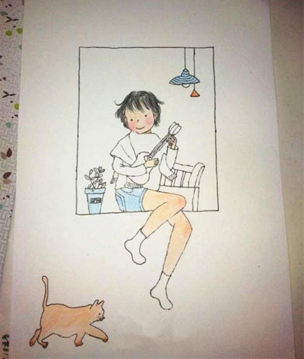 彩铅手绘小清新女孩和猫