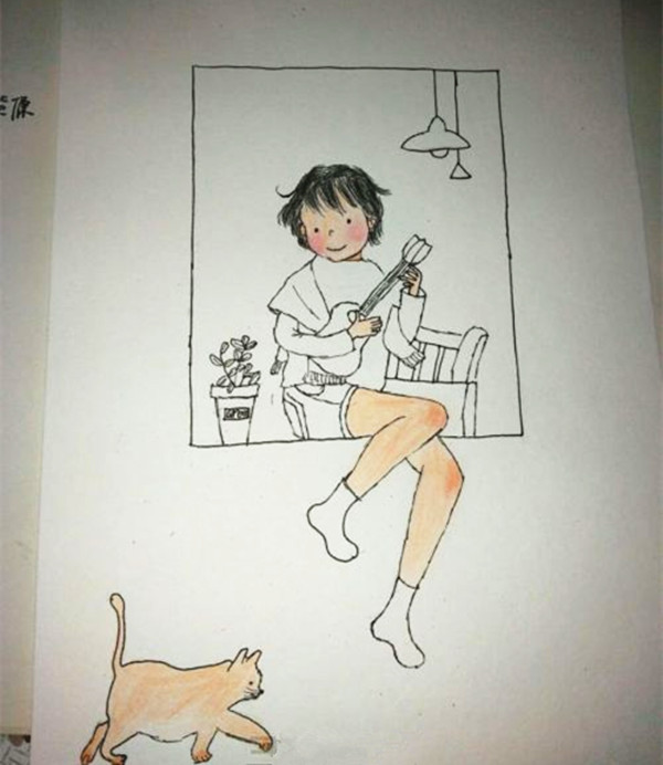 彩铅手绘小清新女孩和猫