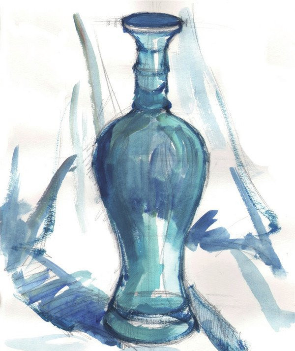 水粉画静物教程：蓝色酒瓶的画法