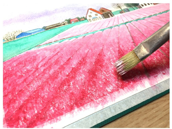 简单的风景水彩画教程：水彩画花田的画法