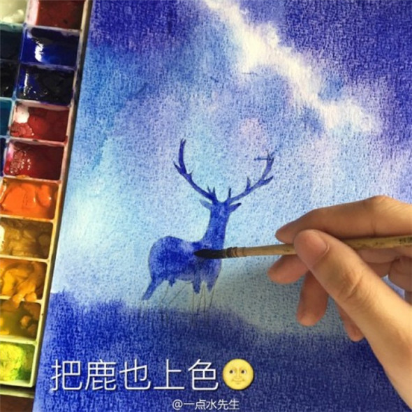 星空下的麋鹿手绘水彩画教程